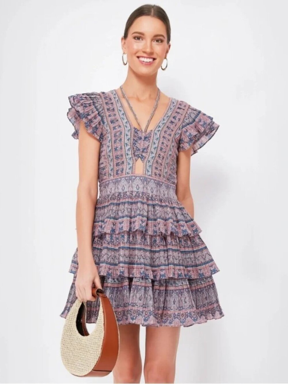SEA NEW YORK Parker Mini Dress Tiered Ruffle flutter sleeve lilac cotton Party